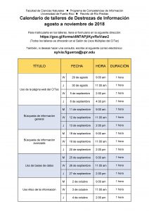 Calendario de Talleres de Destrezas de Información - Agosto a Noviembre 2018
