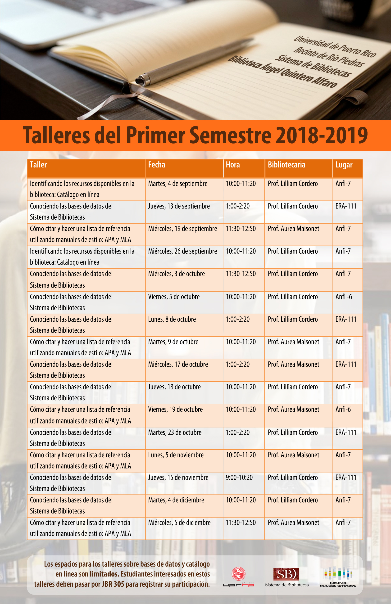 Calendario de Talleres sobre Destrezas de Información - Estudios Generales - Septiembre a Diciembre 2018
