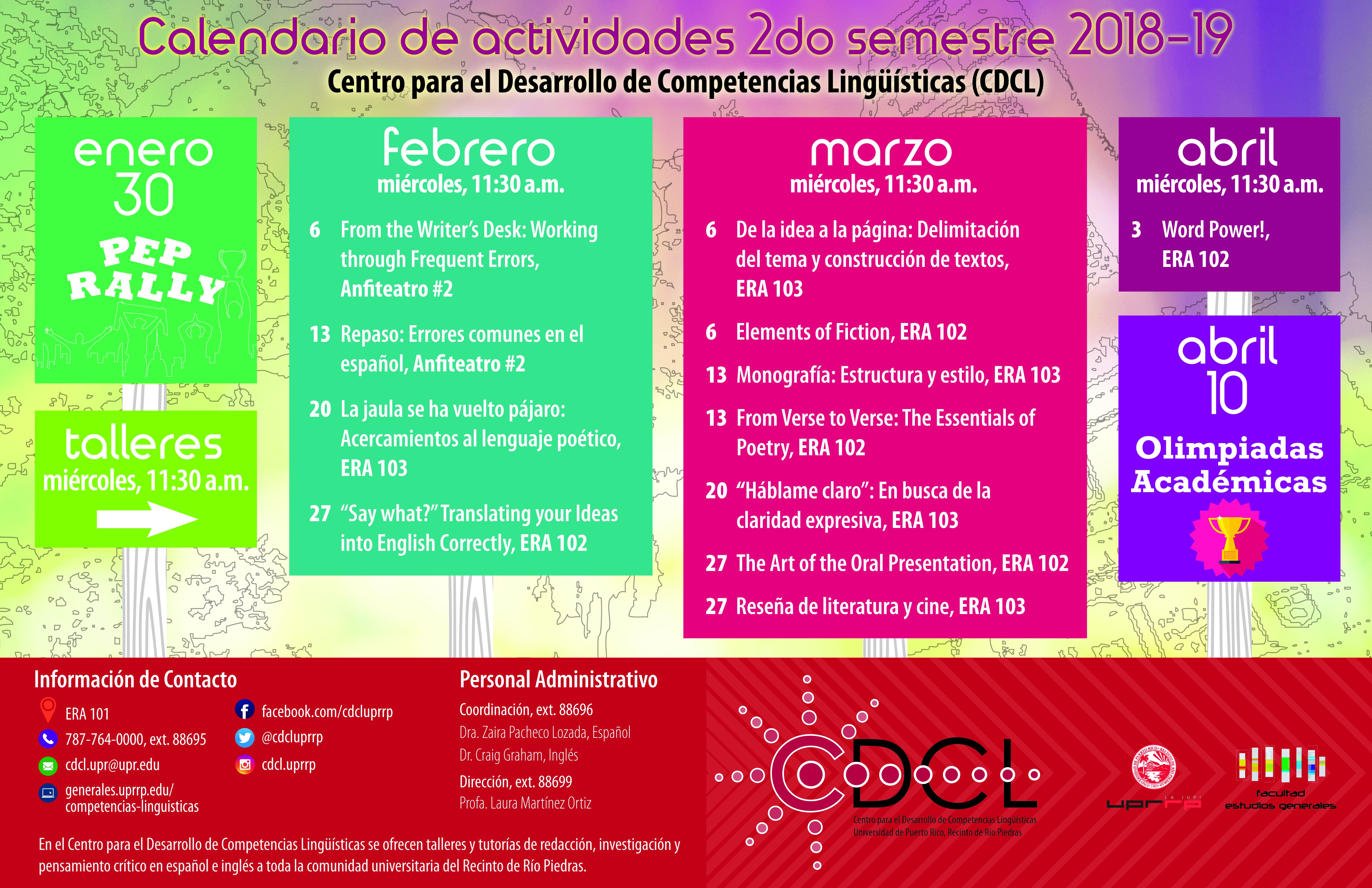 Calendario de actividades segundo semestre 2018-2019 del Centro para el Desarrollo de Competencias Liguisticas 